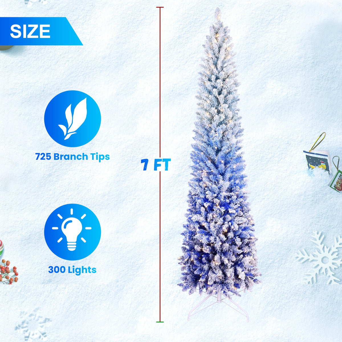 Ombre Pencil Artificial Christmas Tree with Blue Gradient Flocking
