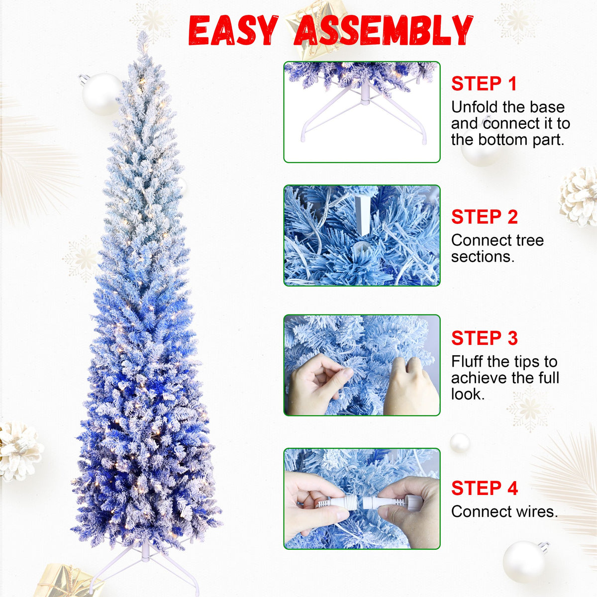Ombre Pencil Artificial Christmas Tree with Blue Gradient Flocking