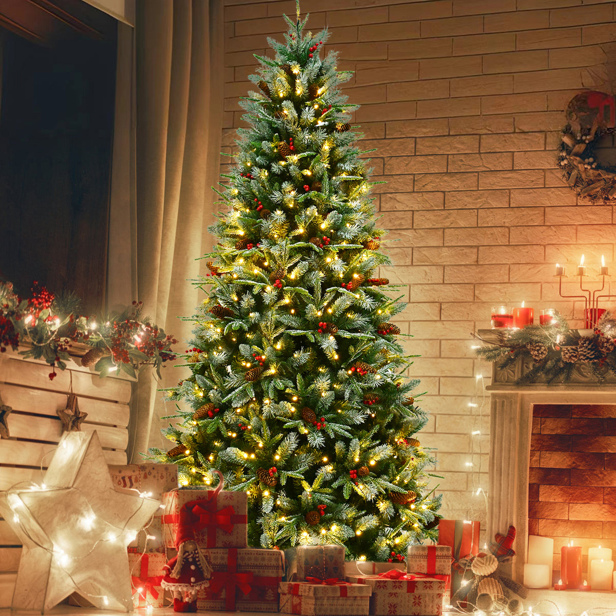 Hinged Snow Frosted Artificial Xmas Tree with Pinecones