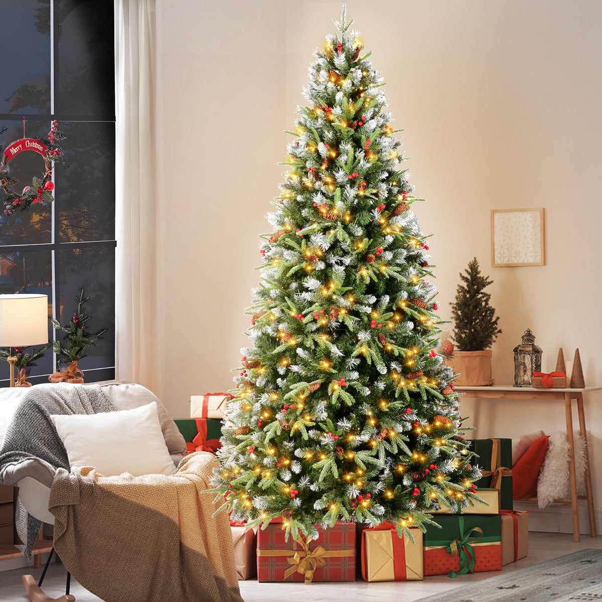 Hinged Snow Frosted Artificial Xmas Tree with Pinecones