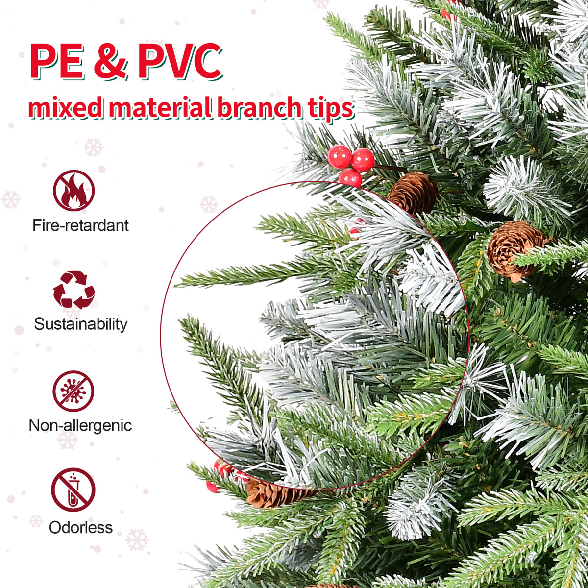 Hinged Snow Frosted Artificial Xmas Tree with Pinecones