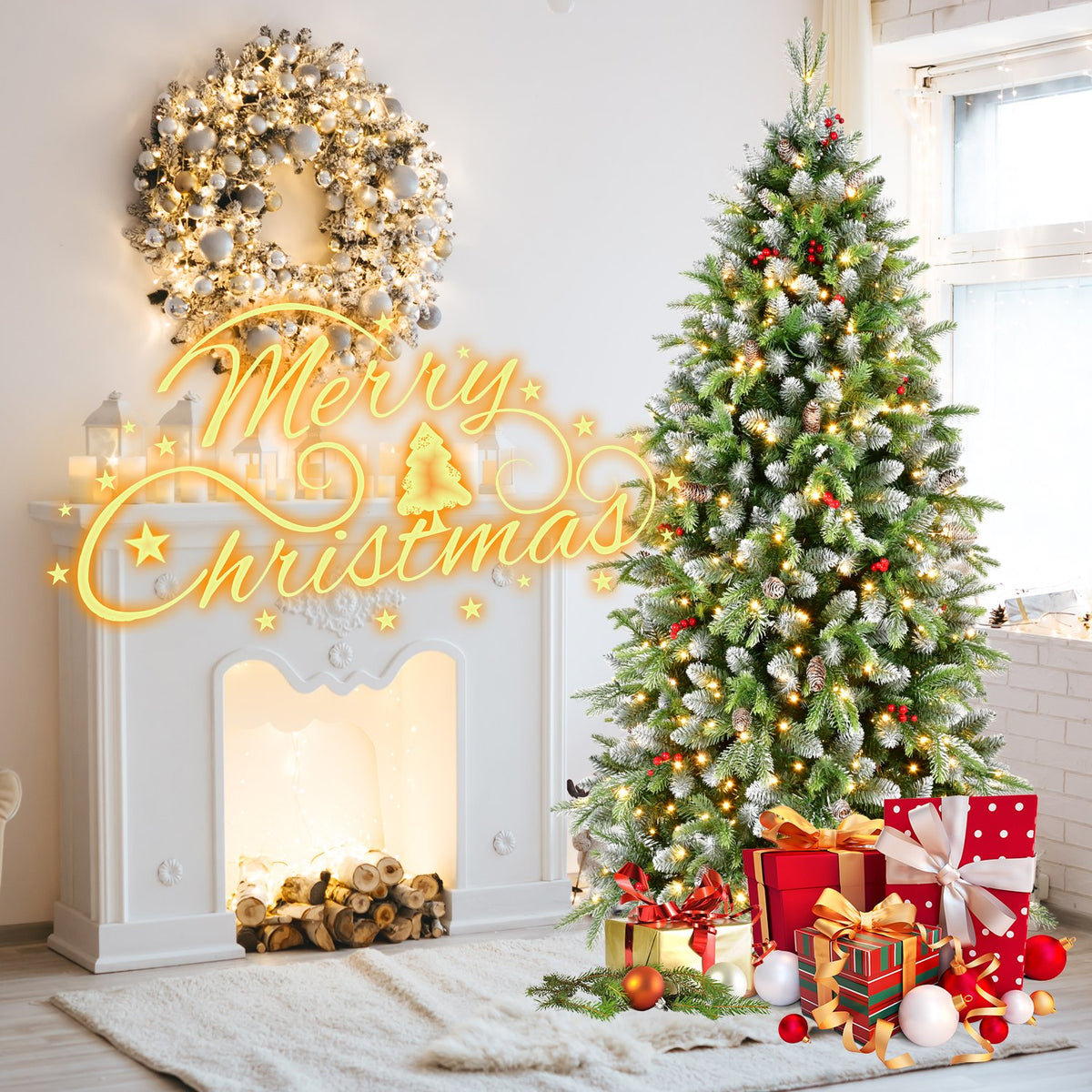 Frosted Fir Artificial Christmas Tree with Pine Cones and Warm Lights