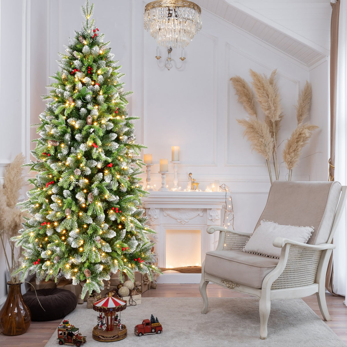 Frosted Fir Artificial Christmas Tree with Pine Cones and Warm Lights