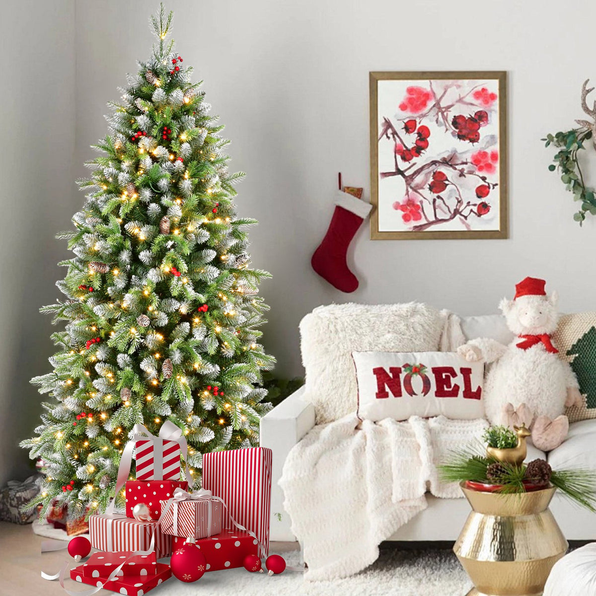 Frosted Fir Artificial Christmas Tree with Pine Cones and Warm Lights