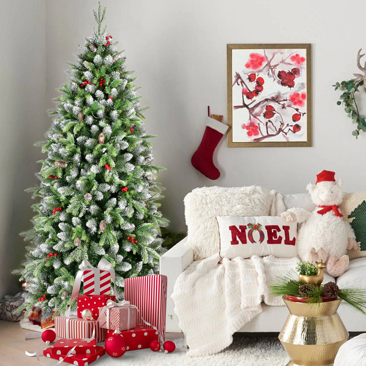 Frosted Fir Artificial Christmas Tree with Pine Cones and Warm Lights