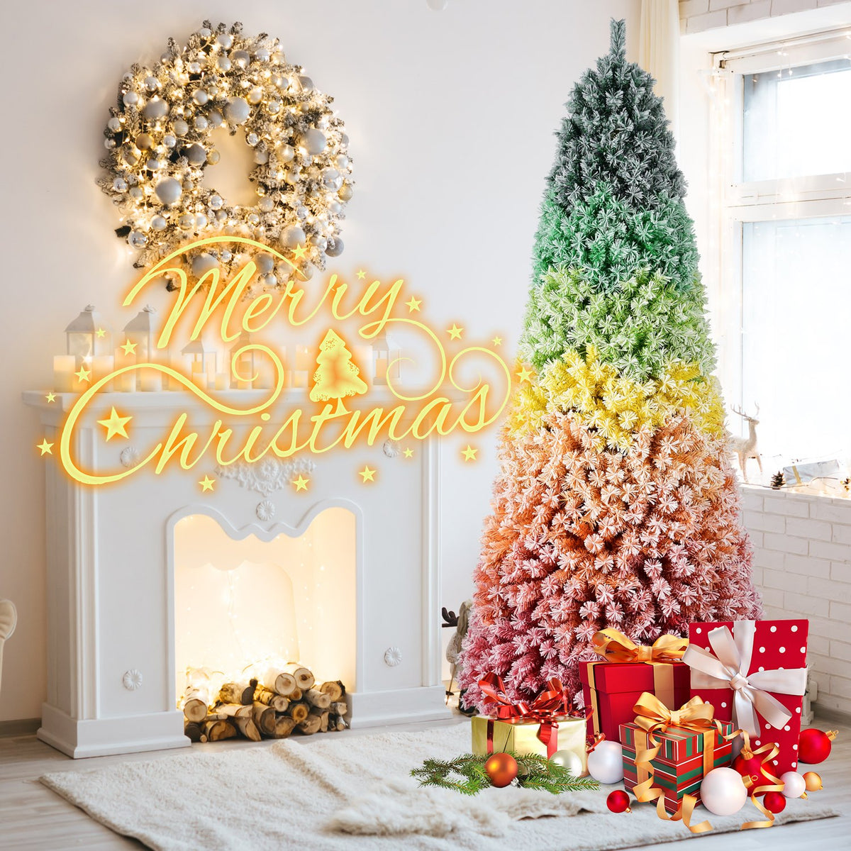 Rainbow Ombre Artificial Christmas Tree with Snowy Flocking