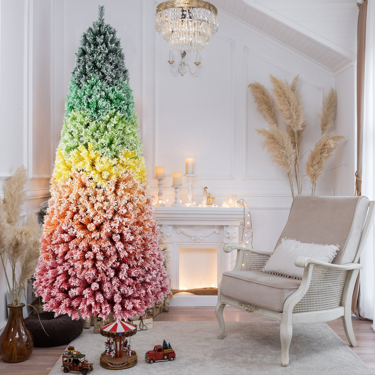Rainbow Ombre Artificial Christmas Tree with Snowy Flocking