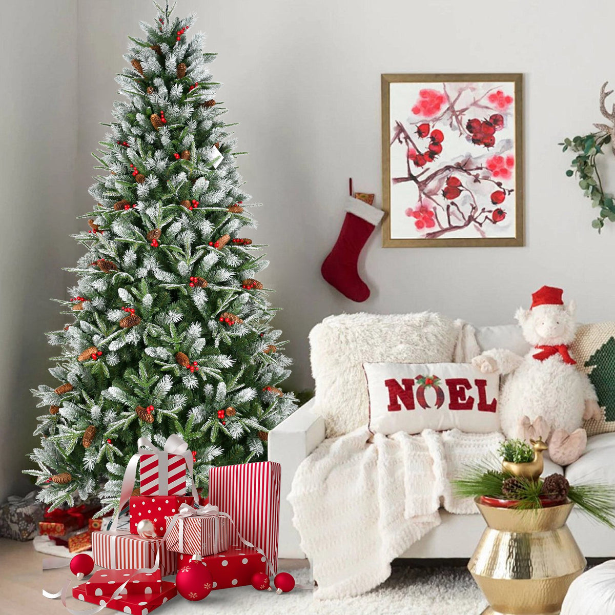 Red Berry Artificial Christmas Tree with Frosted Tips and Pine Cones