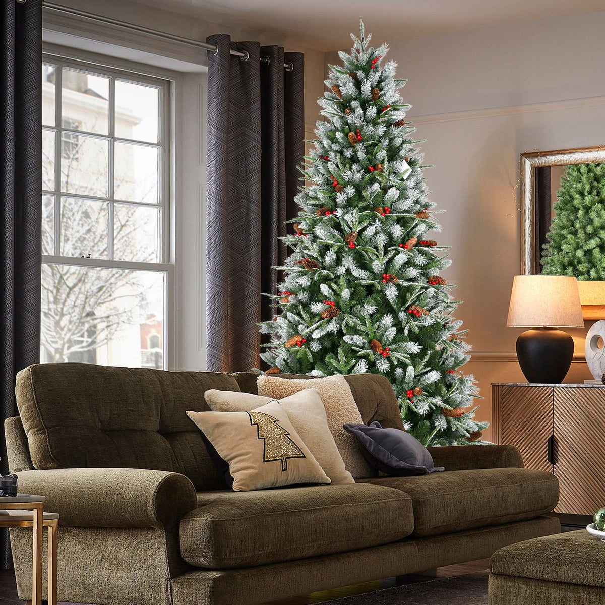 Red Berry Artificial Christmas Tree with Frosted Tips and Pine Cones