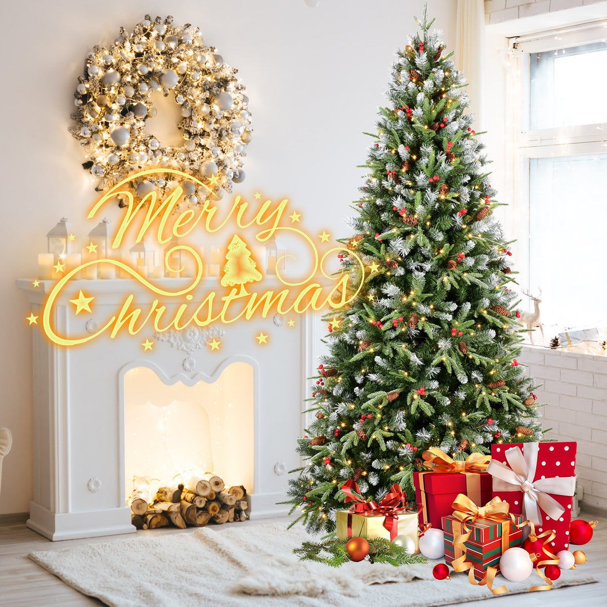 Red Berry Artificial Christmas Tree with Frosted Tips and Pine Cones
