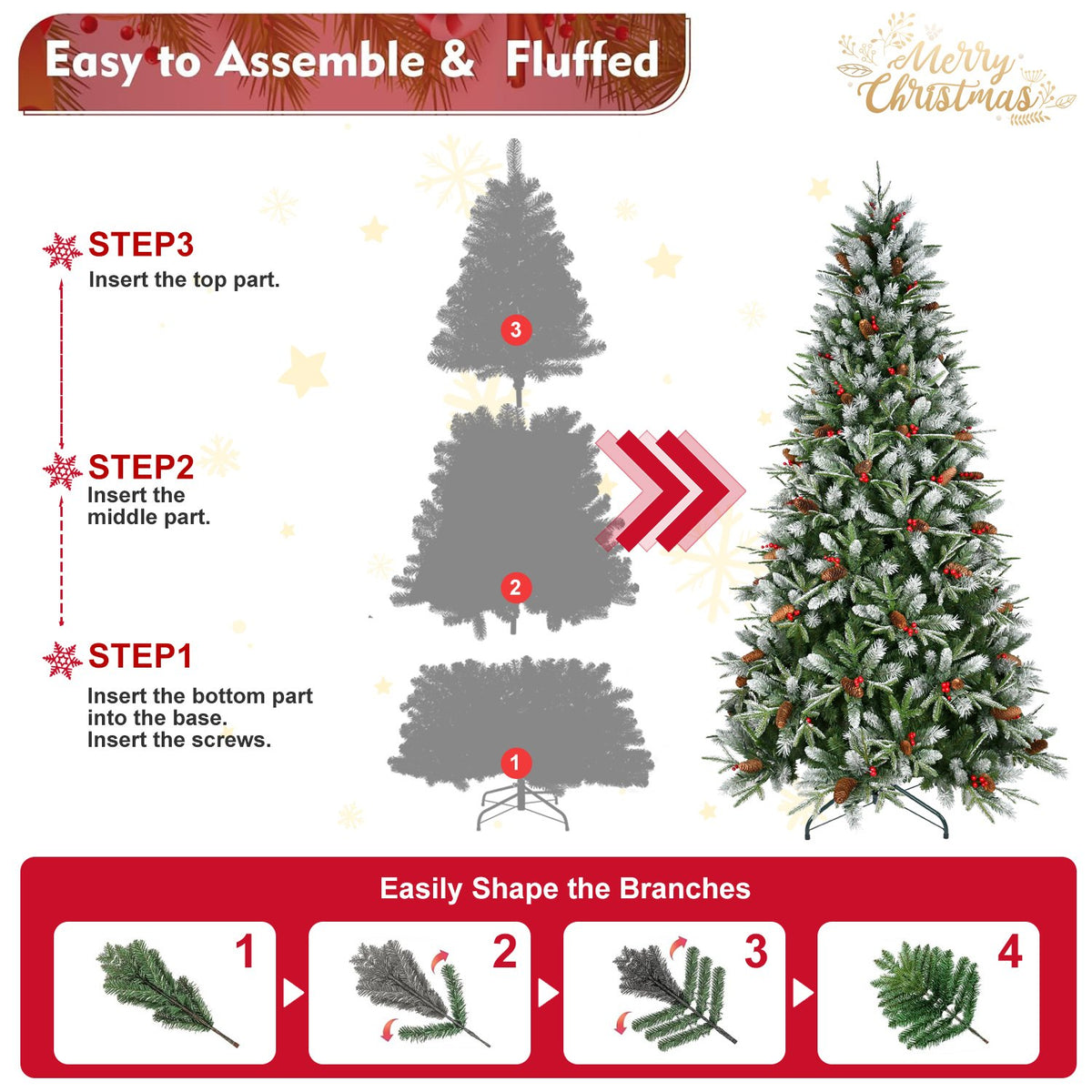 Red Berry Artificial Christmas Tree with Frosted Tips and Pine Cones