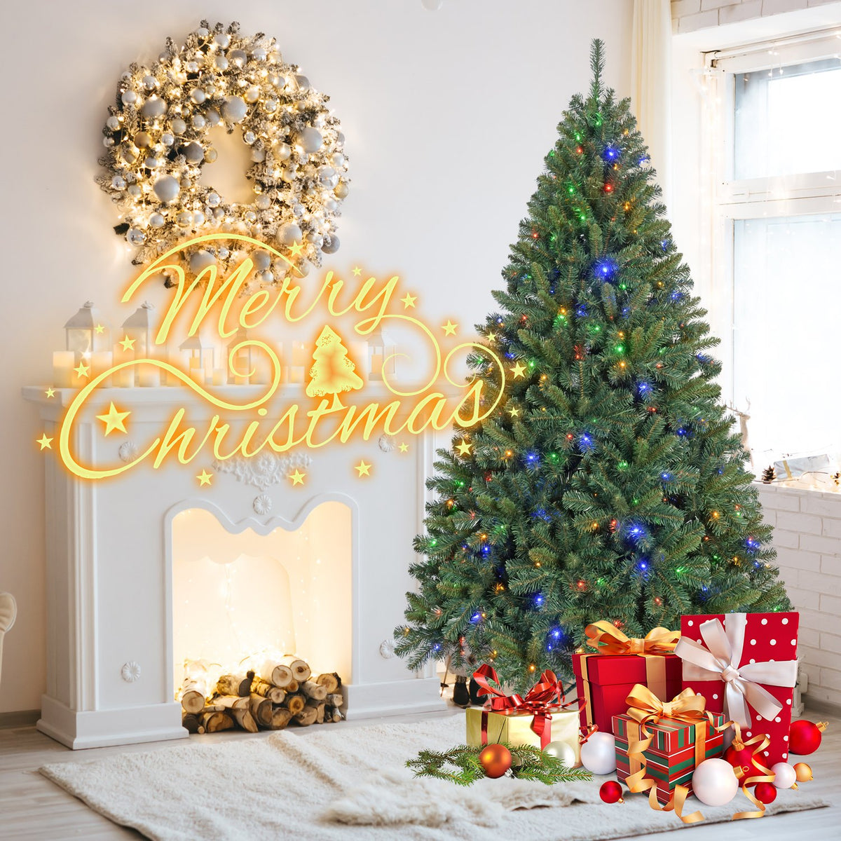 Full Pine Artificial Christmas Tree with Dual Color LED Lights