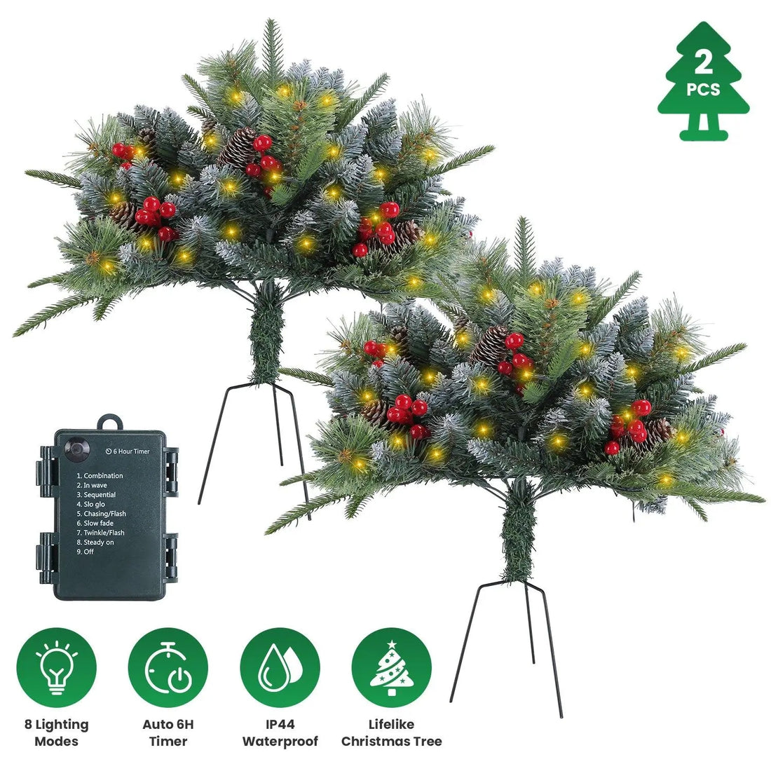 LED Lighted Artificial Christmas Tree Urn Filler Set 2pc