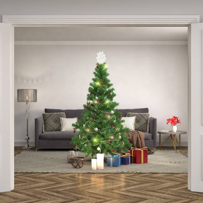 Decorated Christmas tree in a living room with presents and lights.