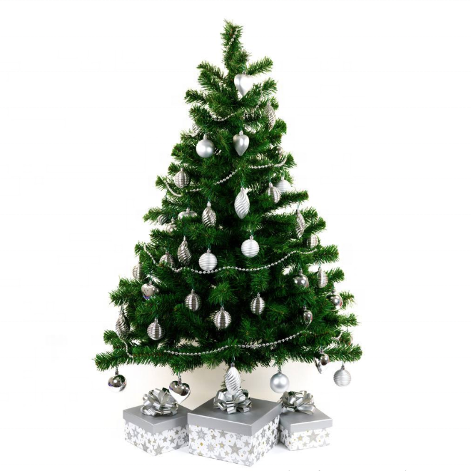 Decorated Christmas tree with silver ornaments on a white background