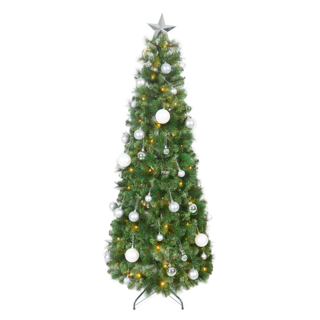 Norfolk Pine Artificial Christmas Tree with Silver Ornaments and Star Topper