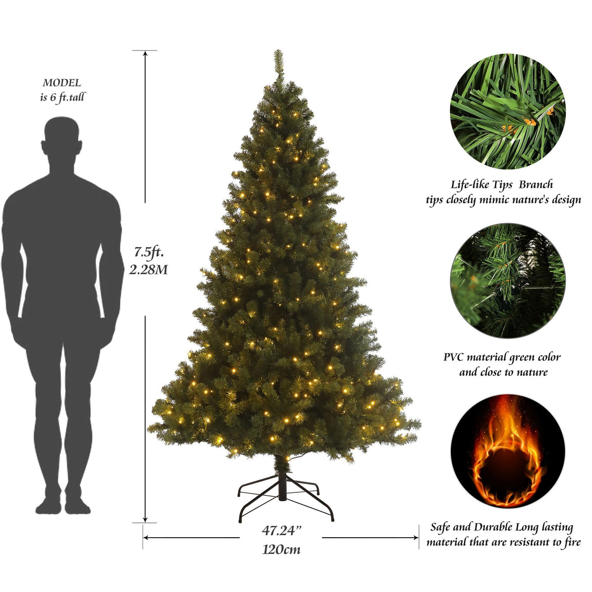 Pre Lit Artificial Christmas Tree with LED Lights Hinged