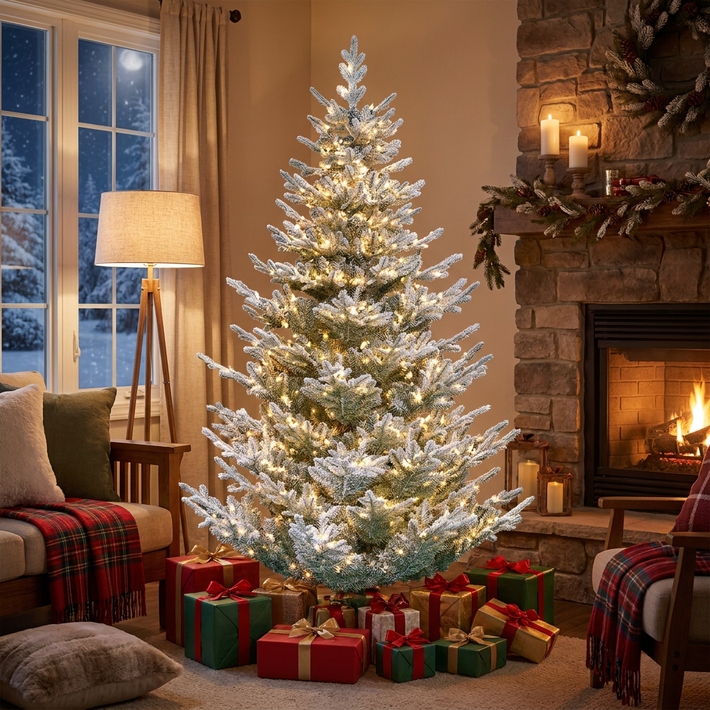 Pre lit Flocked Aspen Noble Fir Christmas Tree