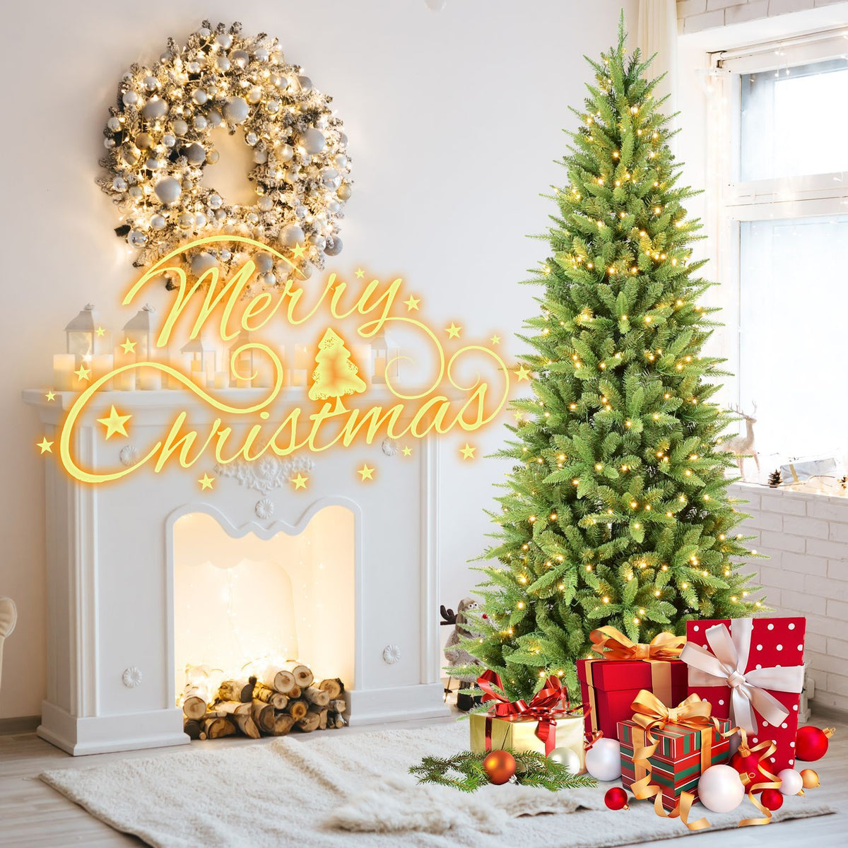 Pre Lit Slim Christmas Tree Artificial Pencil Xmas Tree