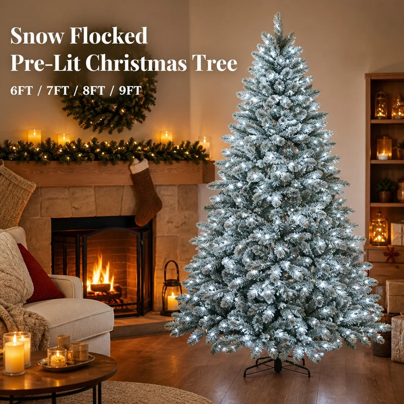 Pre-Lit Snow Flocked Artificial Christmas Tree with Warm White LED Lights