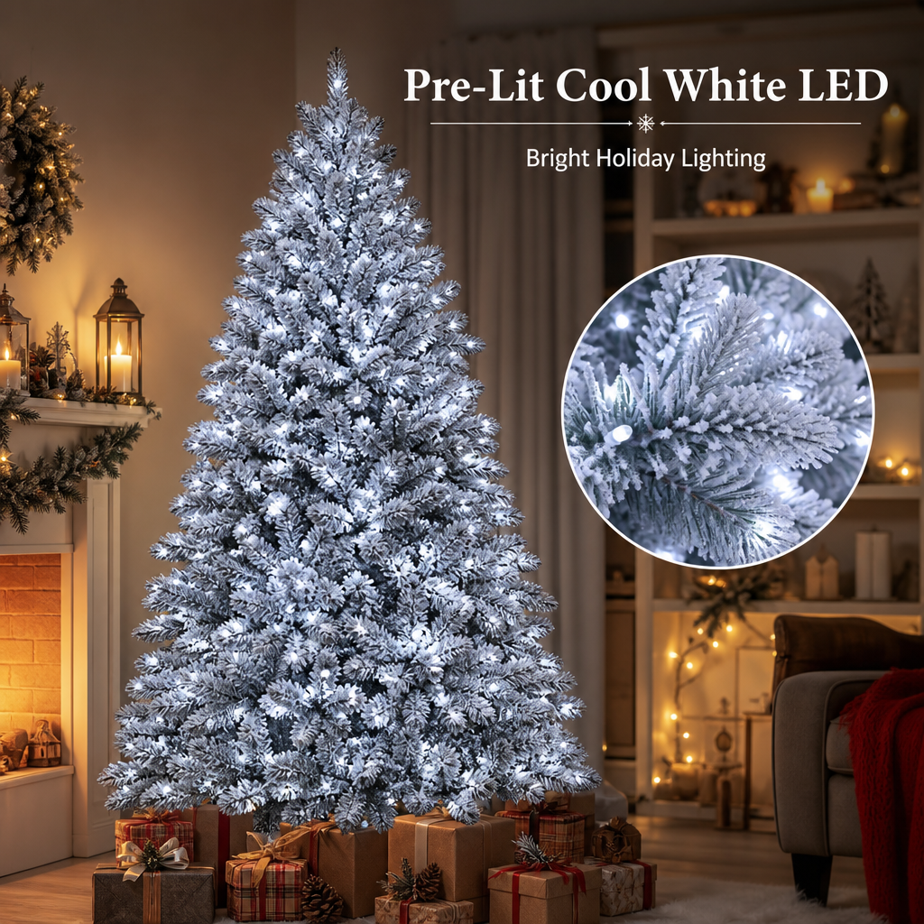 Pre-Lit Snow Flocked Artificial Christmas Tree with Warm White LED Lights