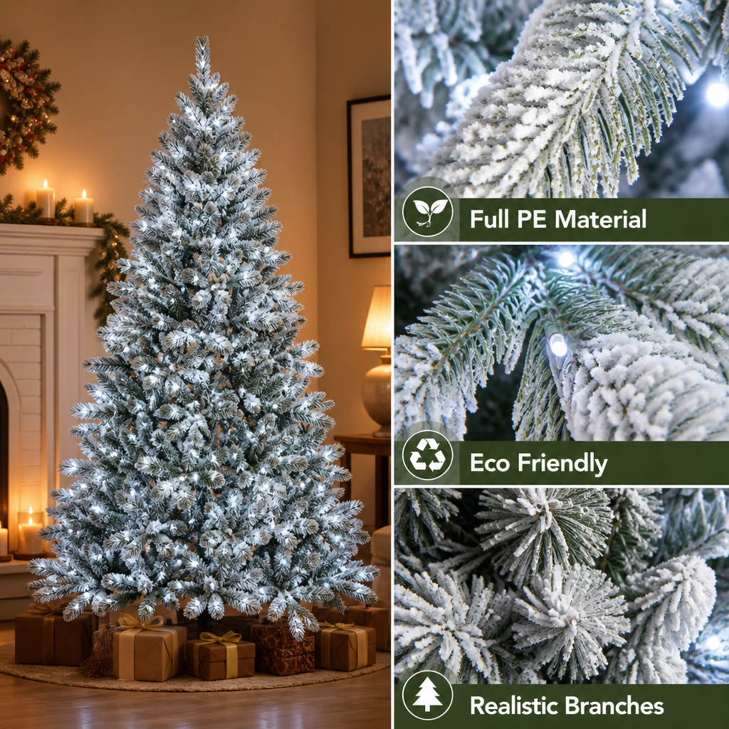 Pre-Lit Snow Flocked Artificial Christmas Tree with Warm White LED Lights