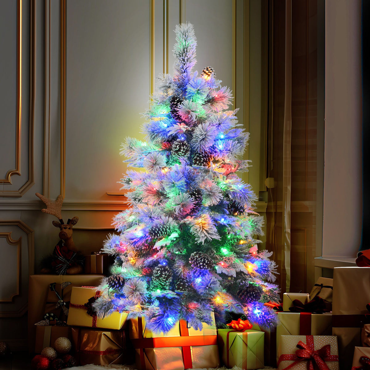 Pre Lit Spruce Snow Flocked Christmas Tree with Pine Cones