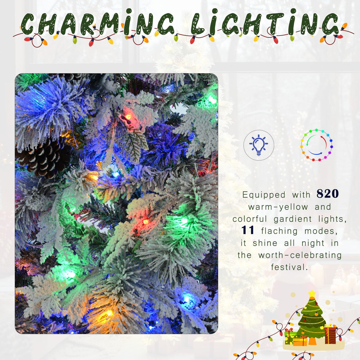 Pre Lit Spruce Snow Flocked Christmas Tree with Pine Cones
