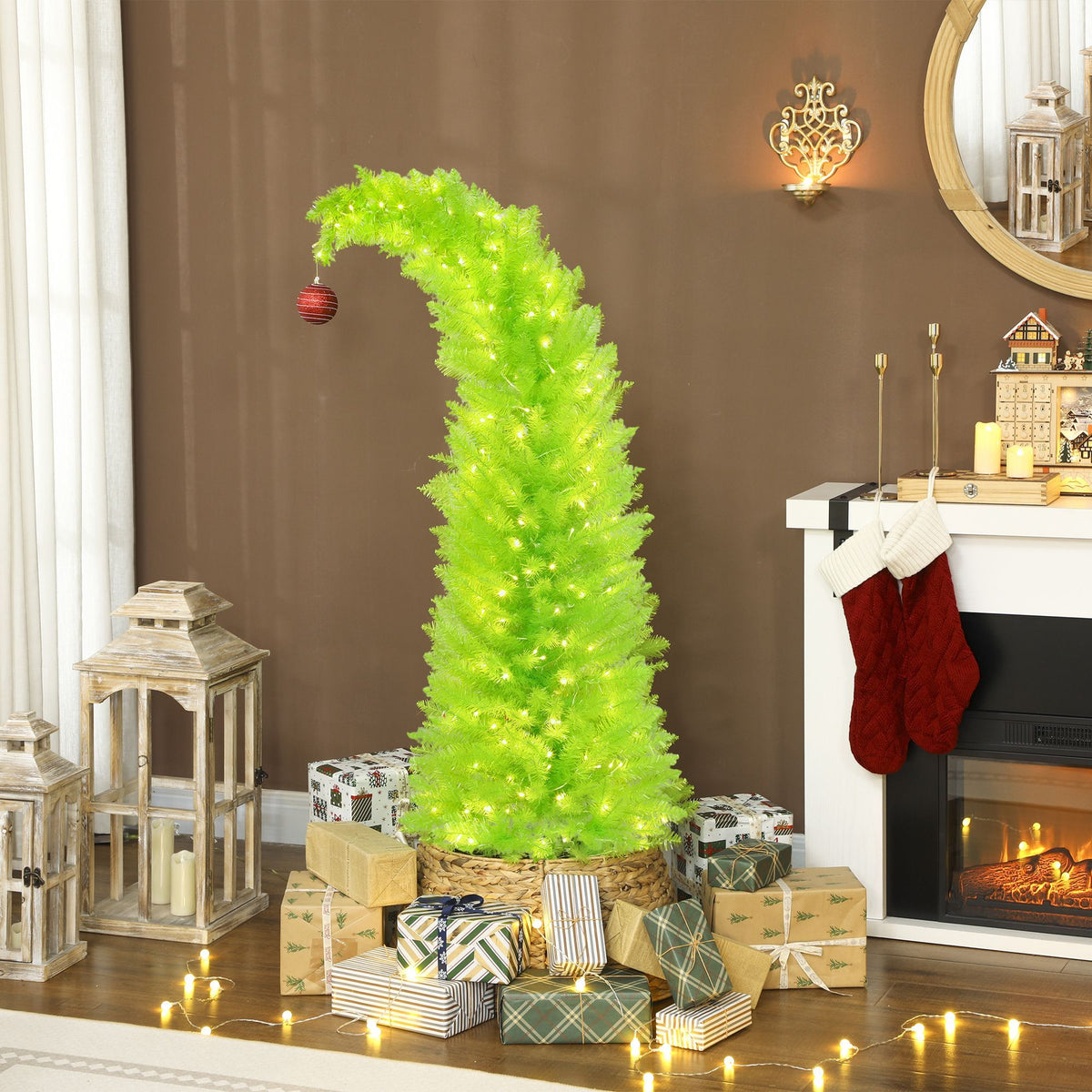 Prelit Pencil Christmas Tree with Bent Top