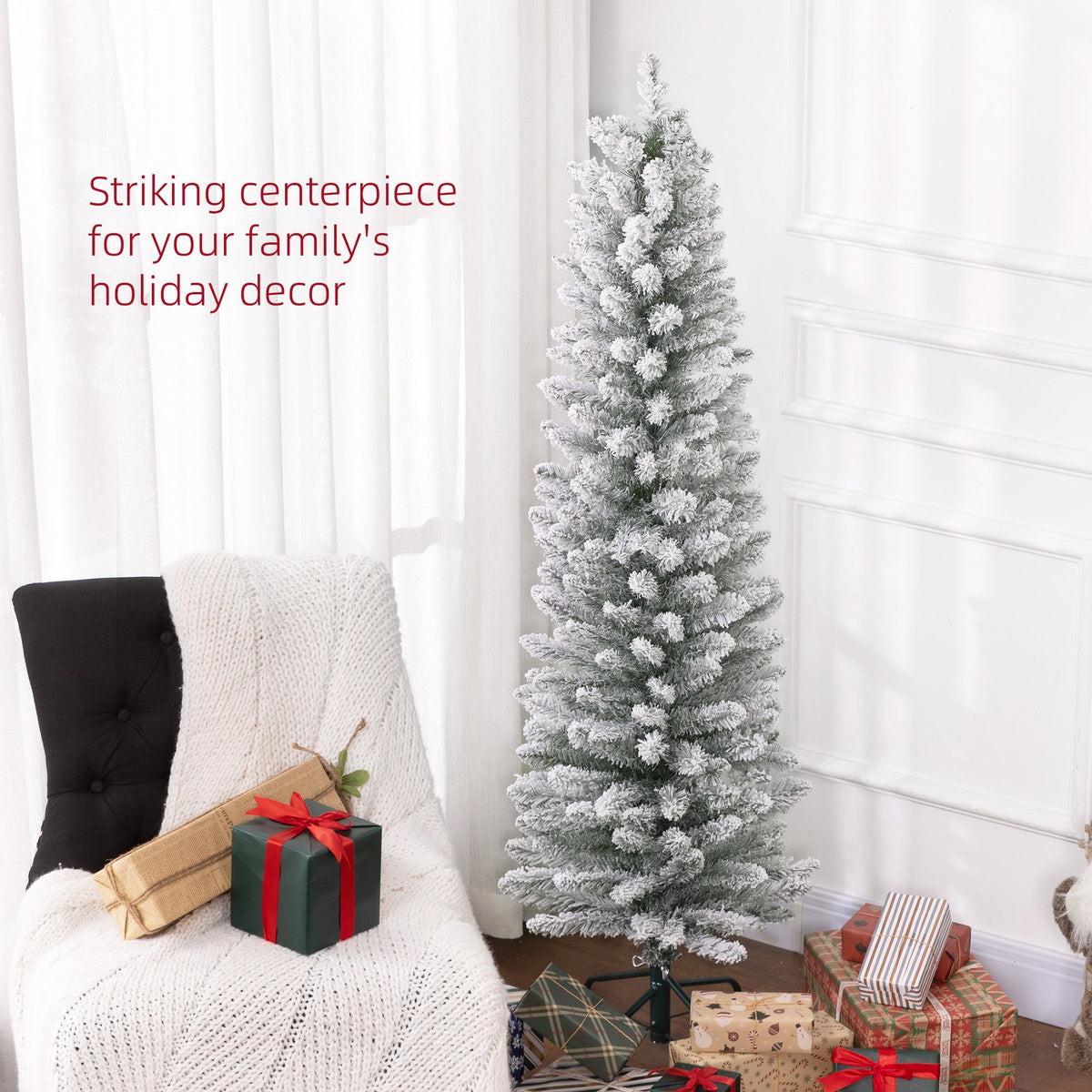Realistic Artificial Pencil Christmas Tree with Snow Flocked Tips