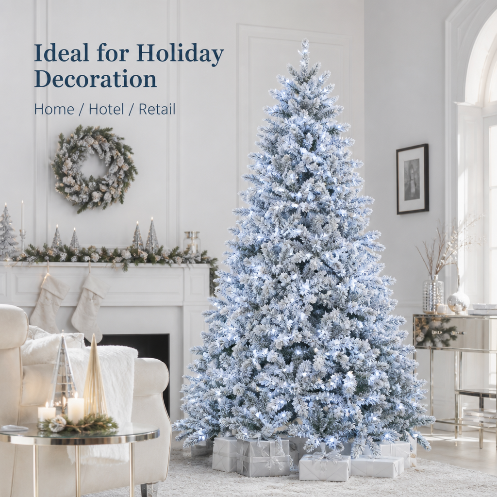Snow Flocked Full PE Artificial Christmas Tree with Pre-Lit Design