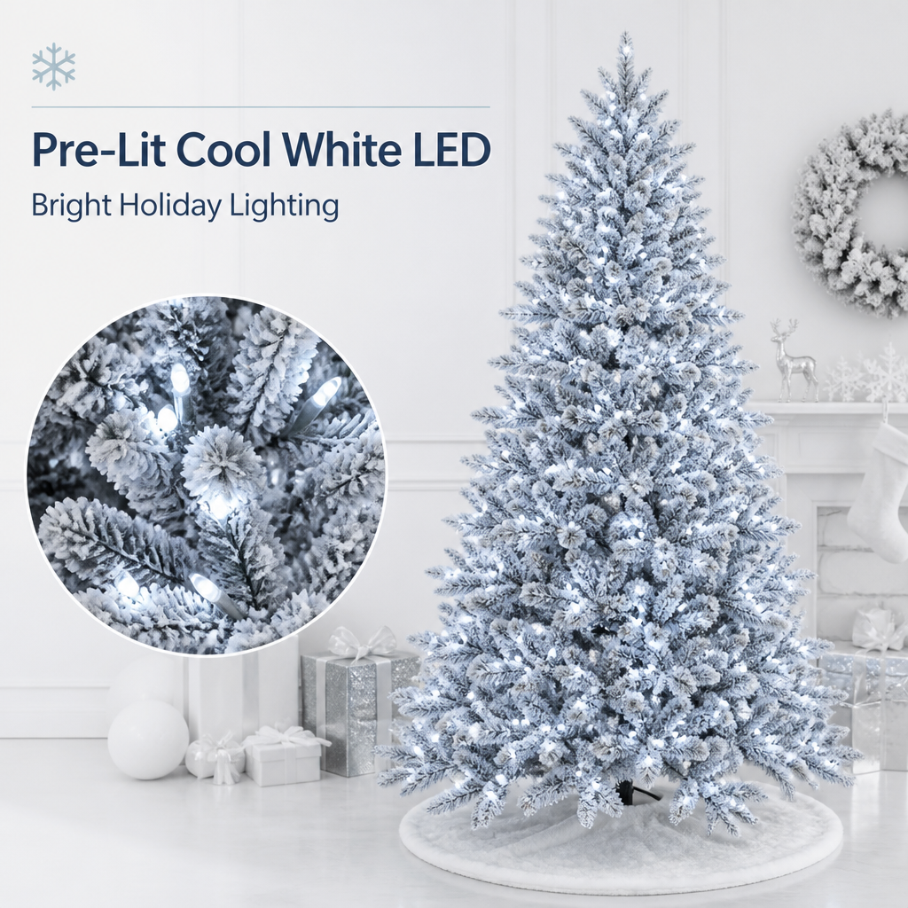 Snow Flocked Full PE Artificial Christmas Tree with Pre-Lit Design