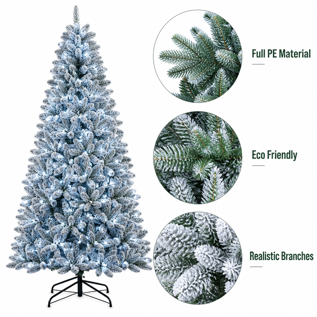 Snow Flocked Full PE Artificial Christmas Tree with Pre-Lit Design