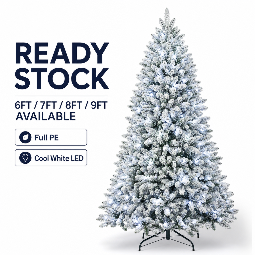 Snow Flocked Full PE Artificial Christmas Tree with Pre-Lit Design