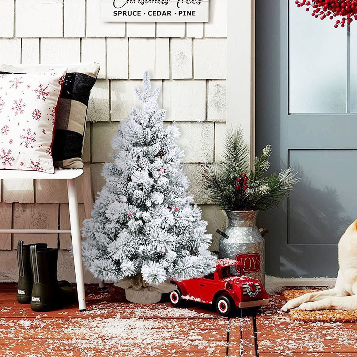 Snow Flocked Tabletop Christmas Tree with Red Berries