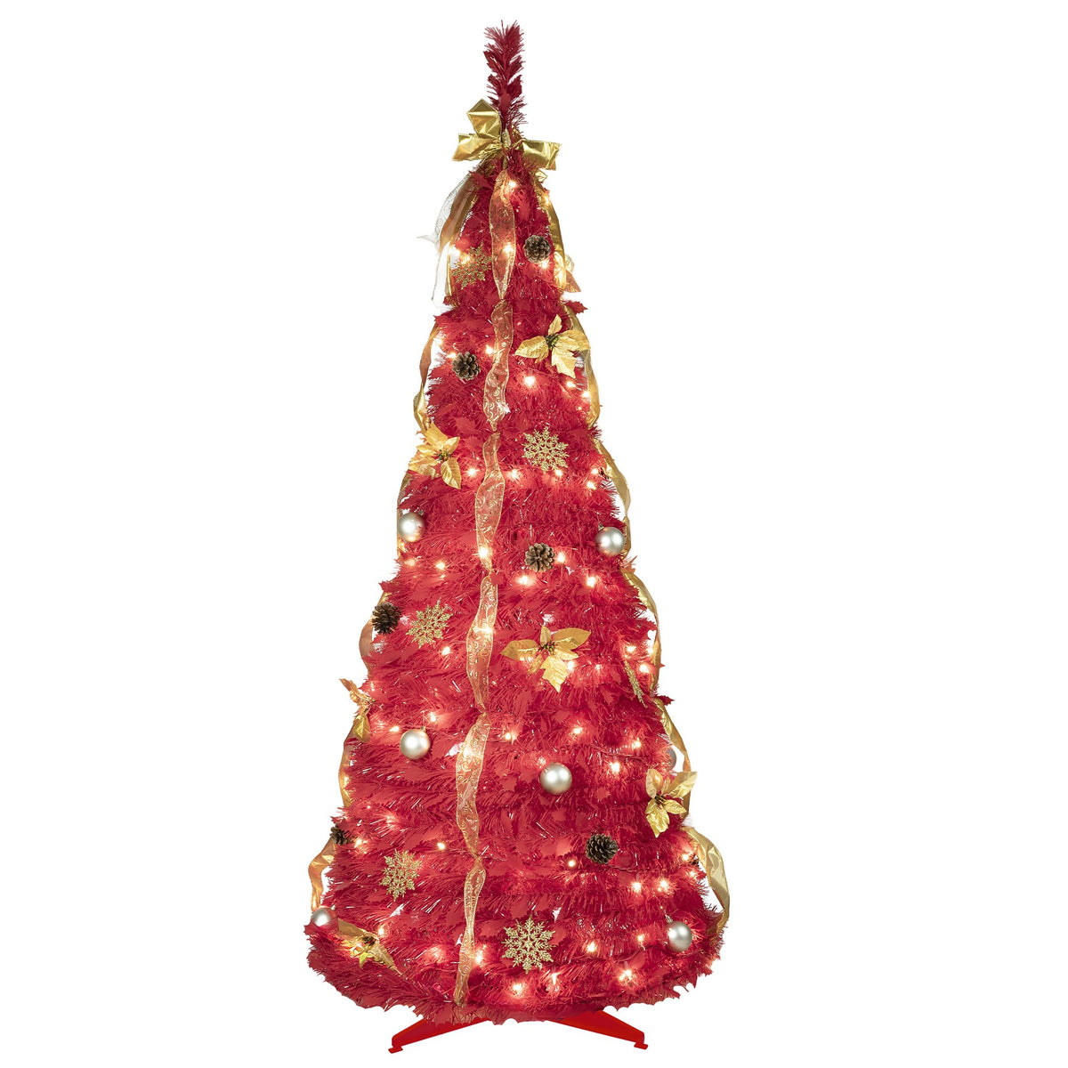 Red Pop Up Artificial Christmas Tree with Gold Ribbons and Bow