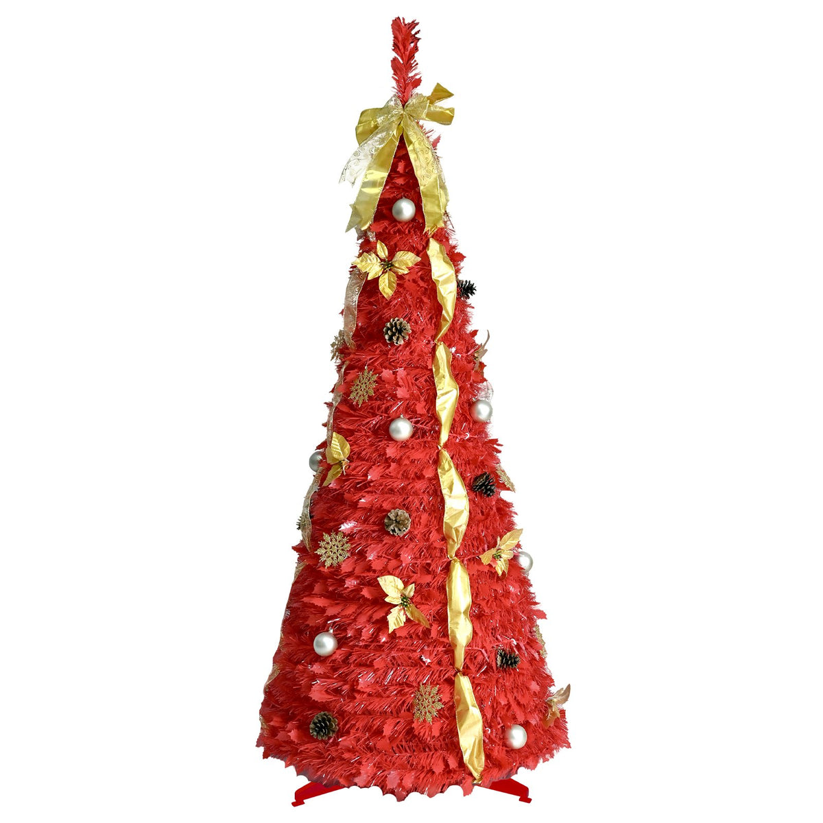 Red Pop Up Artificial Christmas Tree with Gold Ribbons and Bow