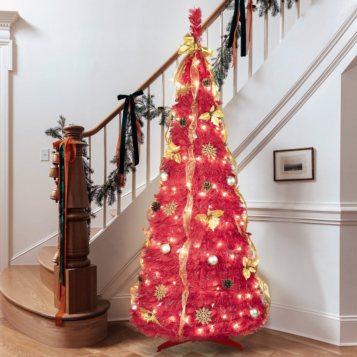 Red Pop Up Artificial Christmas Tree with Gold Ribbons and Bow