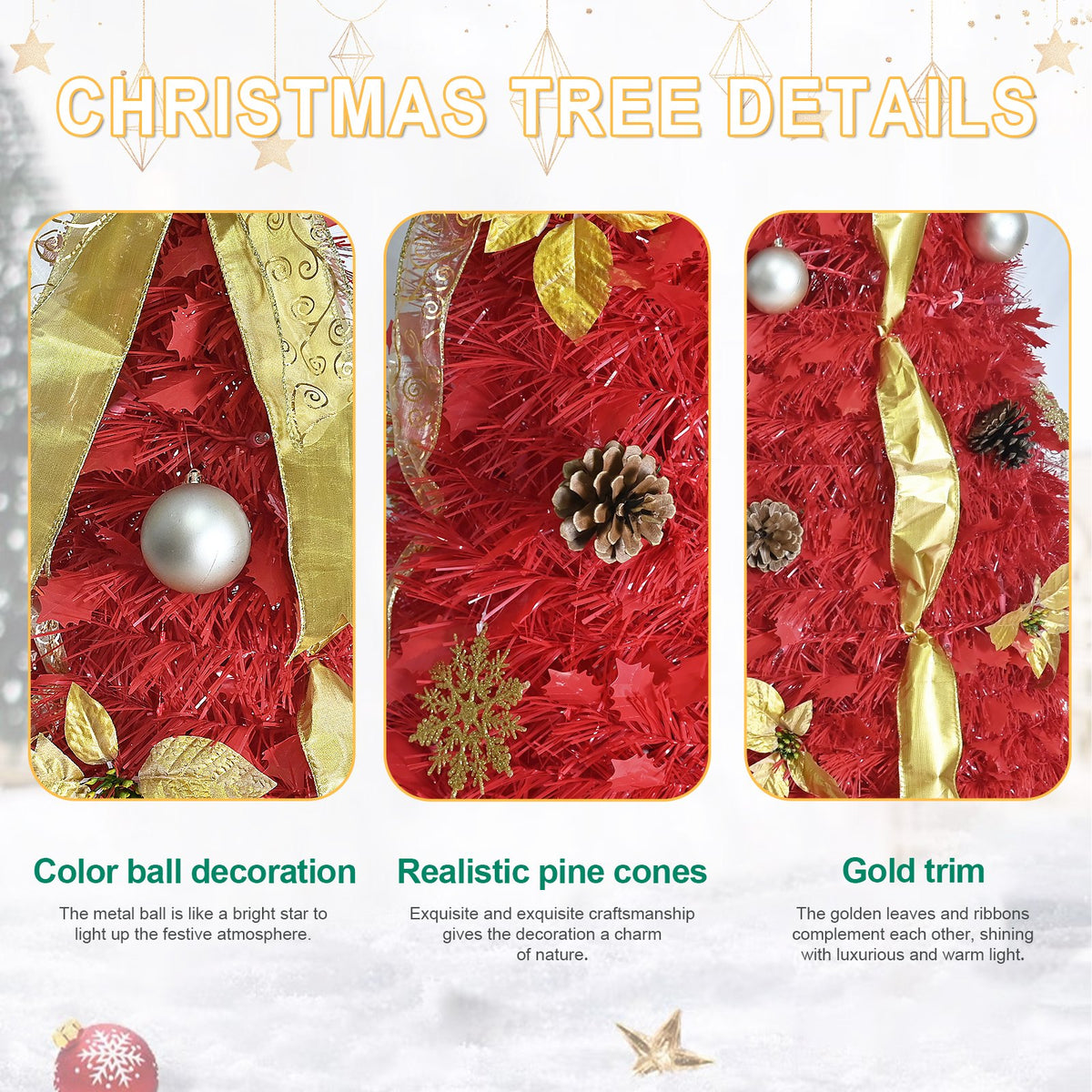 Red Pop Up Artificial Christmas Tree with Gold Ribbons and Bow