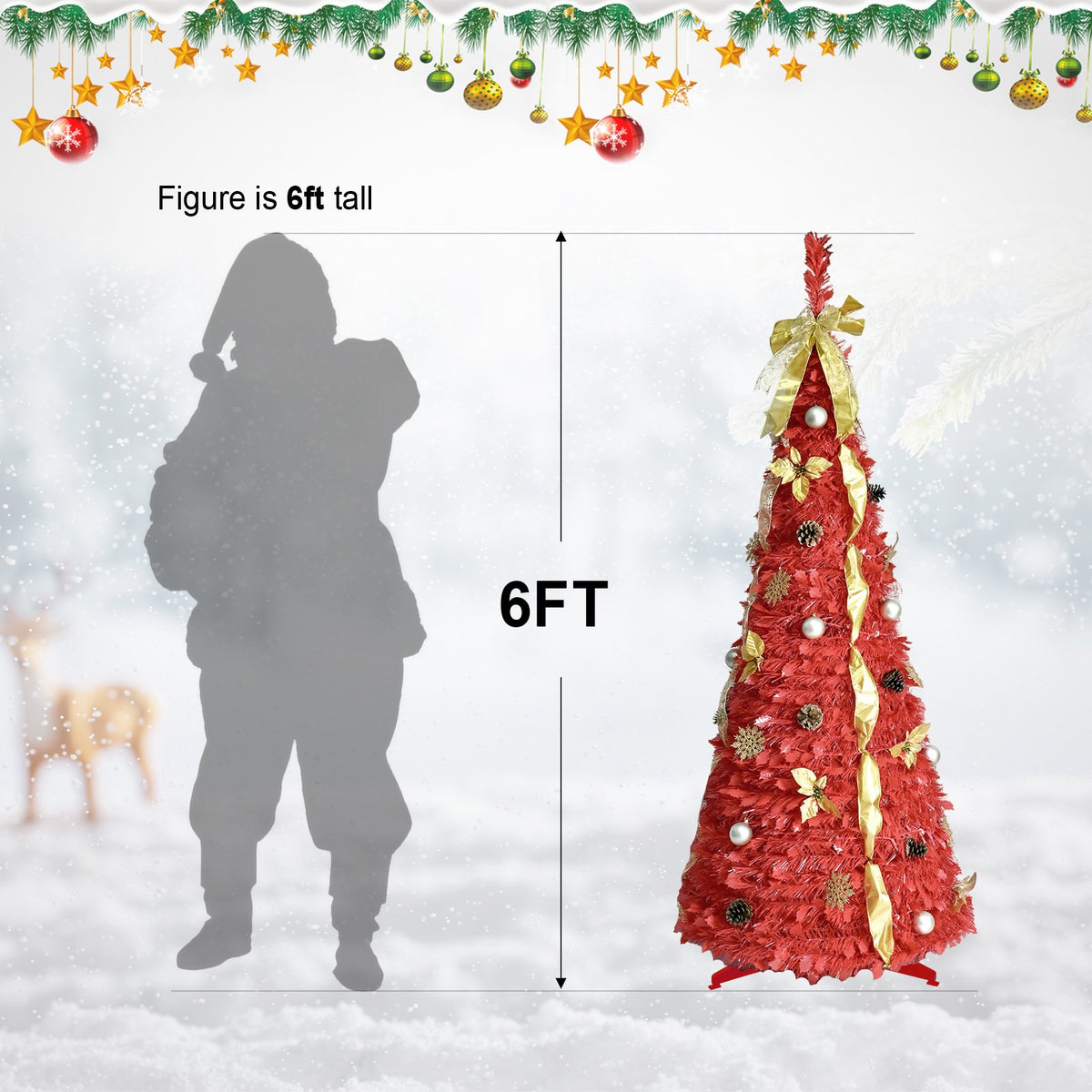 Red Pop Up Artificial Christmas Tree with Gold Ribbons and Bow
