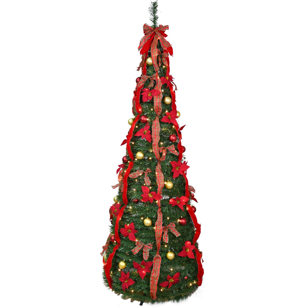 Decorated Pop Up Artificial Christmas Tree with Red Bows and Ribbons