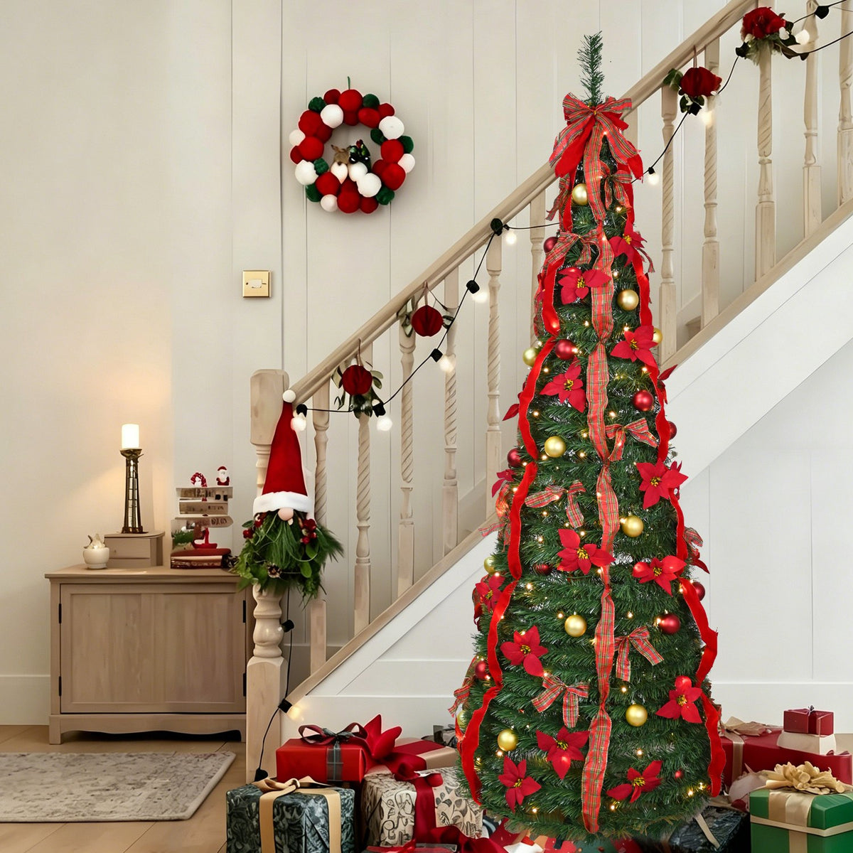 Decorated Pop Up Artificial Christmas Tree with Red Bows and Ribbons