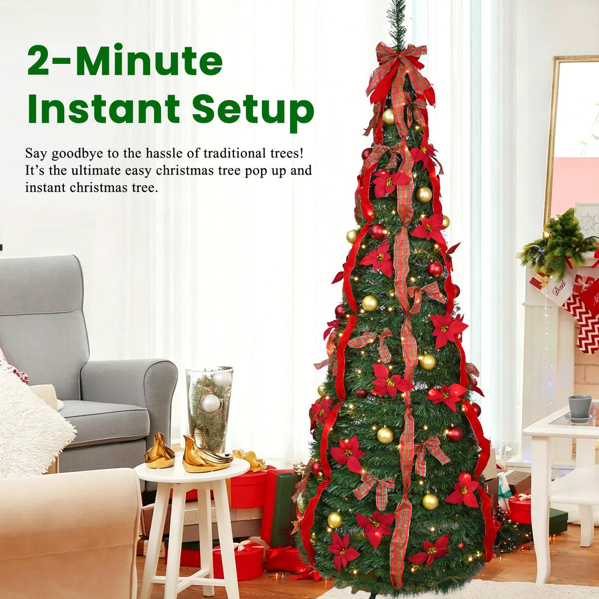 Decorated Pop Up Artificial Christmas Tree with Red Bows and Ribbons