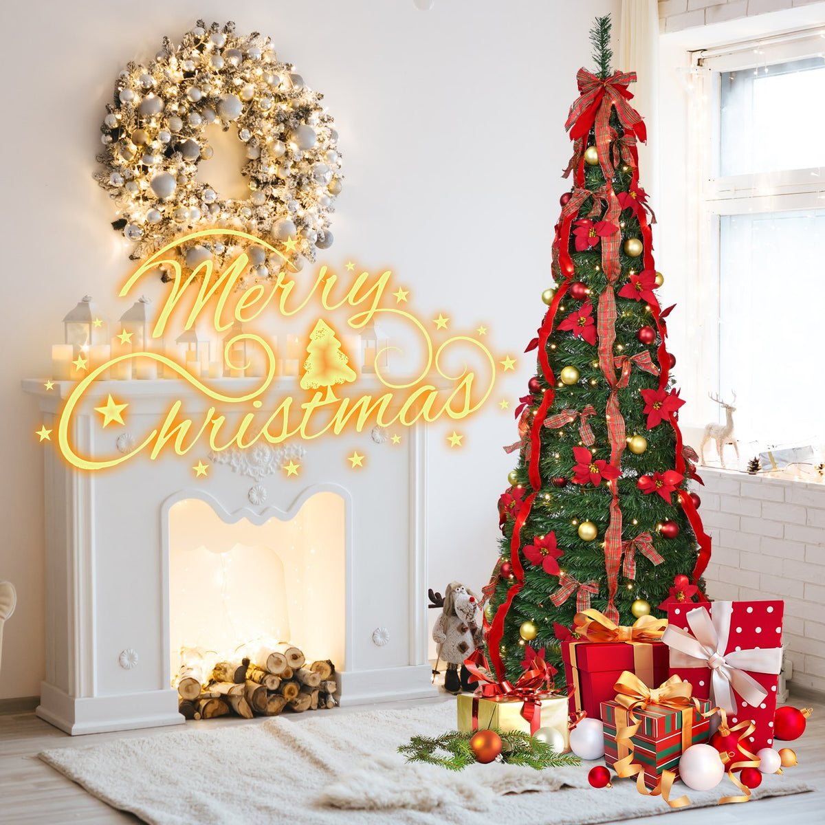 Decorated Pop Up Artificial Christmas Tree with Red Bows and Ribbons