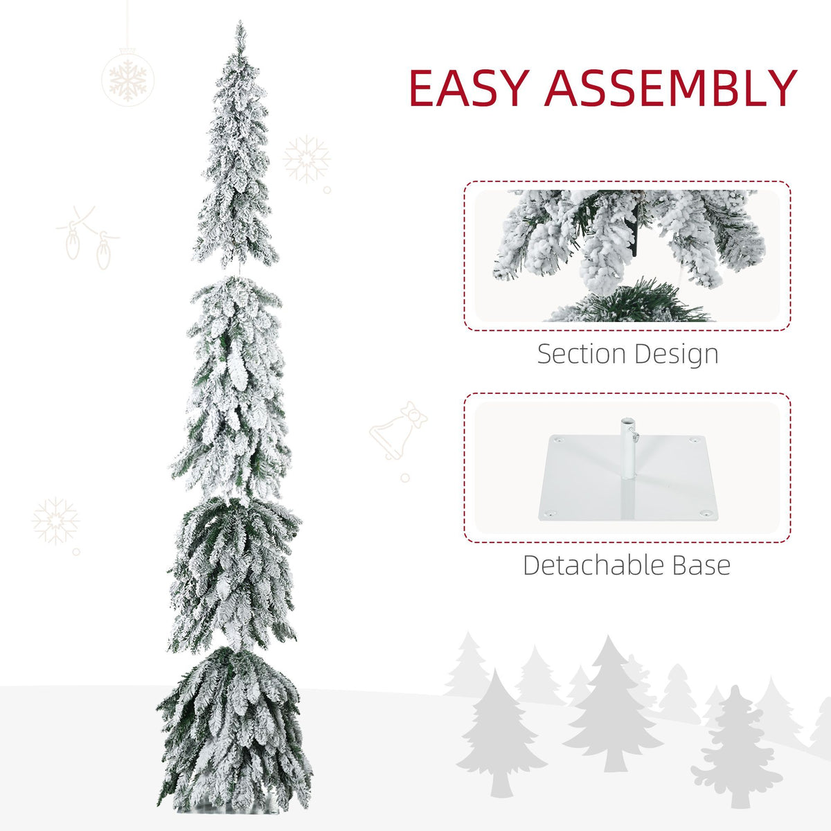 Tall Prelit Pencil Christmas Tree with Snow Flocked Finish