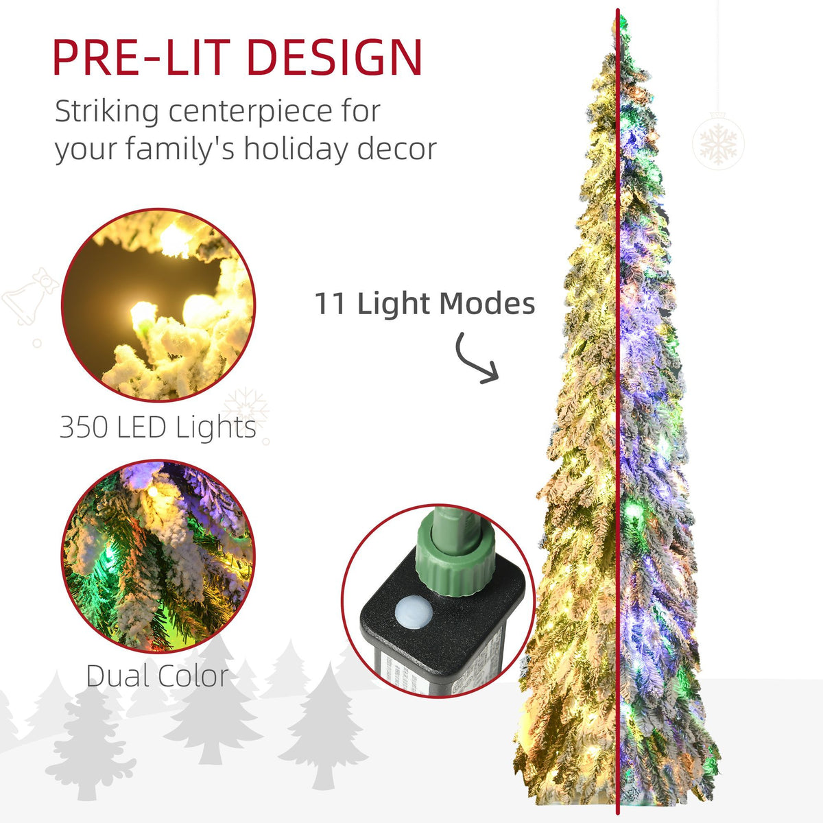 Tall Prelit Pencil Christmas Tree with Snow Flocked Finish