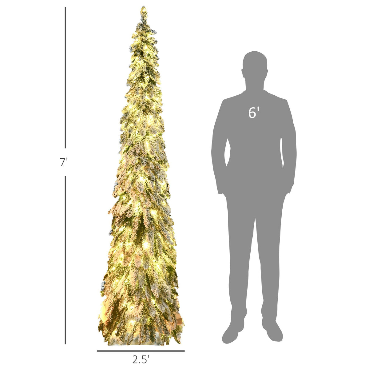 Tall Prelit Pencil Christmas Tree with Snow Flocked Finish