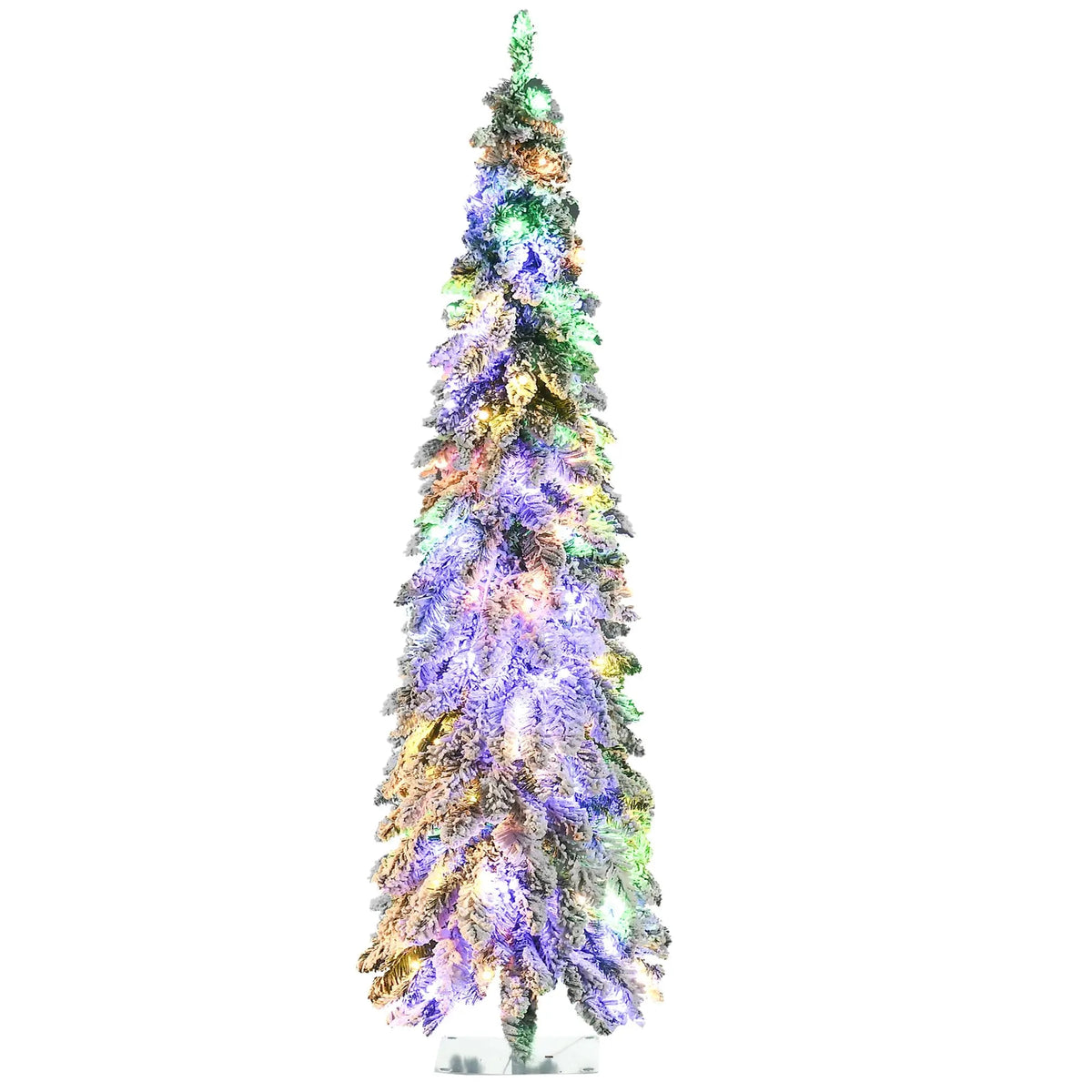 Tall Prelit Pencil Christmas Tree with Snow Flocked Finish