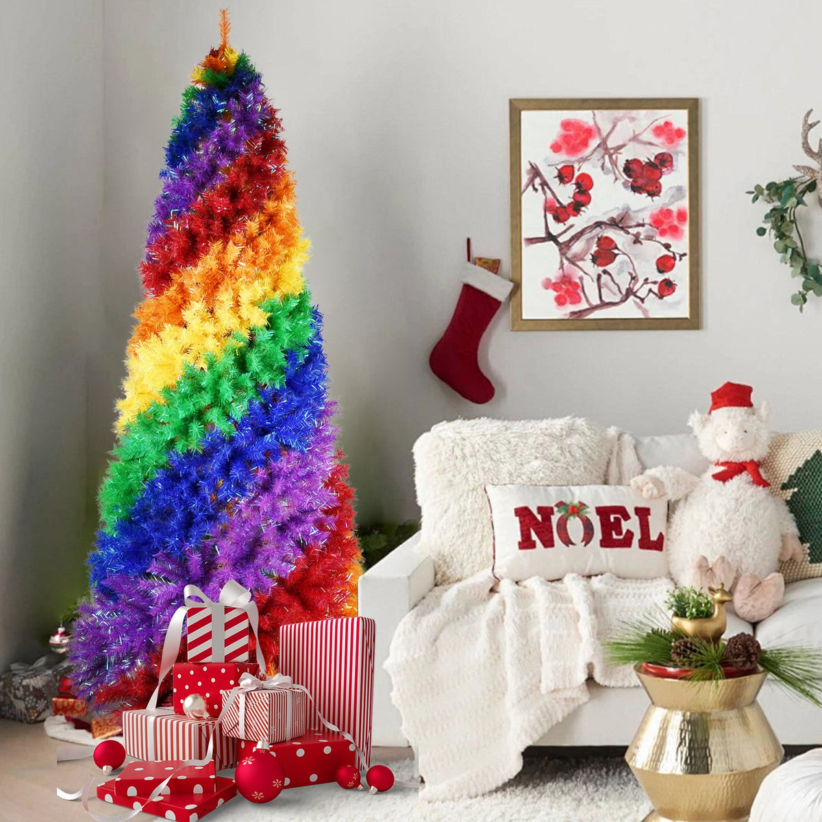 Rainbow Spiral Artificial Christmas Tree with Bold Color Bands