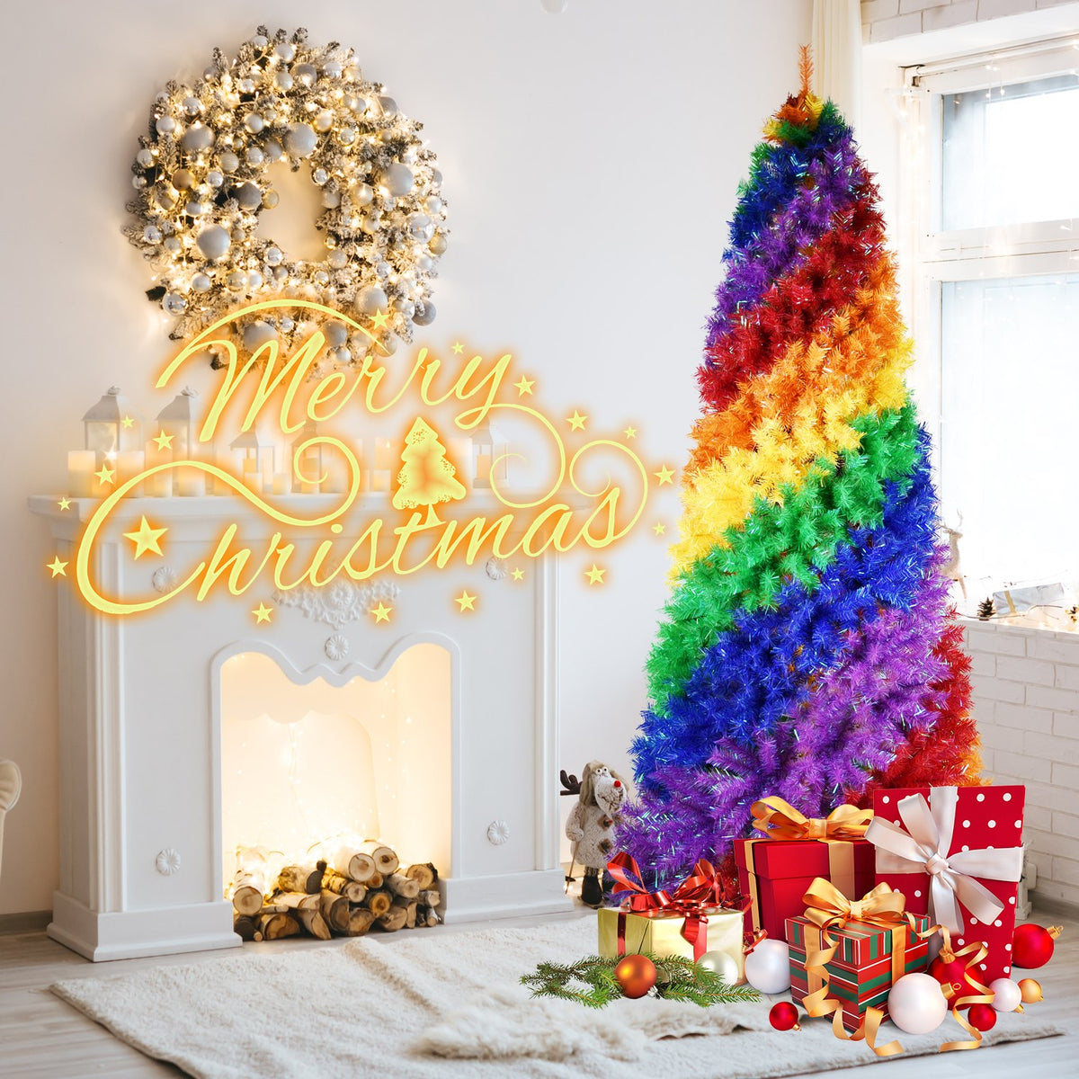 Rainbow Spiral Artificial Christmas Tree with Bold Color Bands